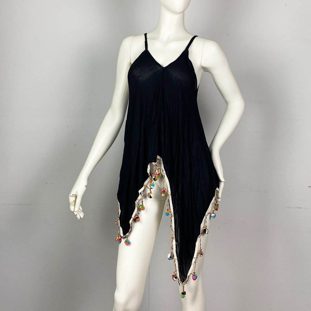 MIMI | Asymmetrical Spaghetti Top with Pompoms, Hippie Bohemian Tops, Black XL
